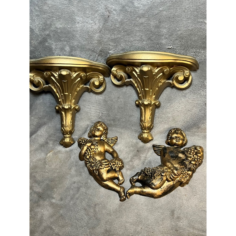 Burwood Gold Cherub Wall Shelves Pair Angel Putti Hollywood Regency Decor lot 4